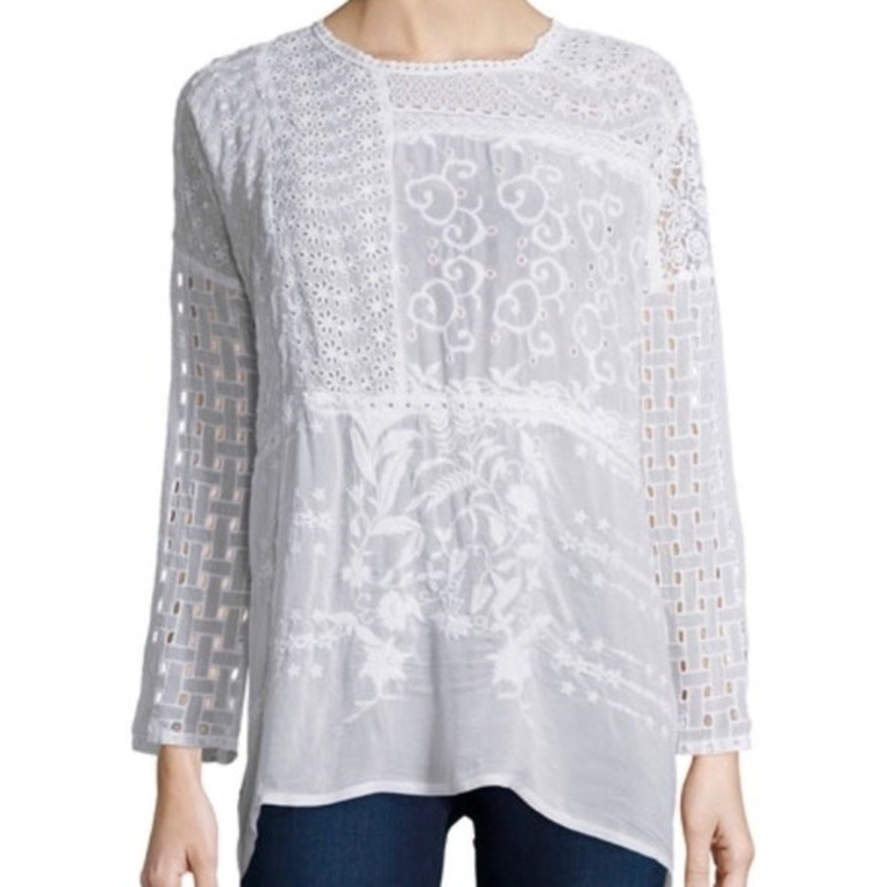 Johnny Was White Embroidered Eyelet Lace Tunic Blouse Cupra Rayon Large Boho